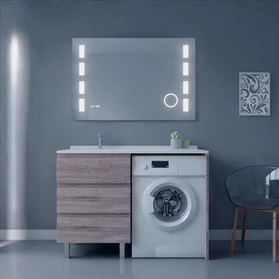 Ensemble meuble salle de bain spécial lave-linge KORA couleur bois avec miroir Excellence