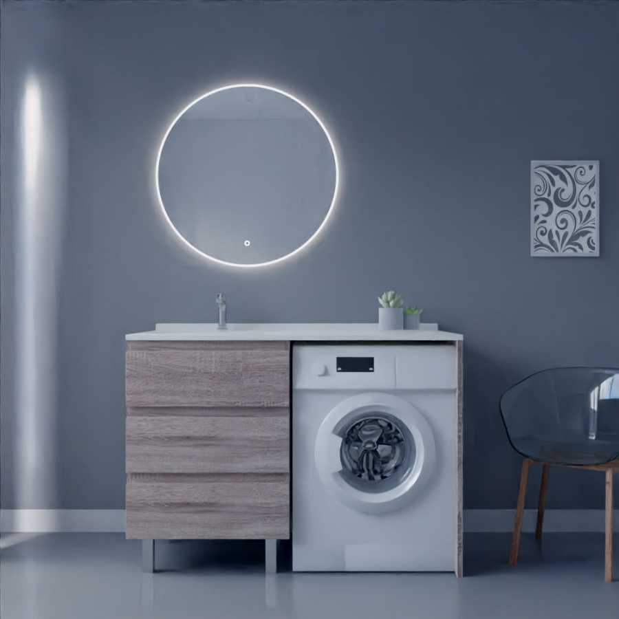 Ensemble meuble salle de bain spécial lave-linge KORA couleur bois avec miroir Onde