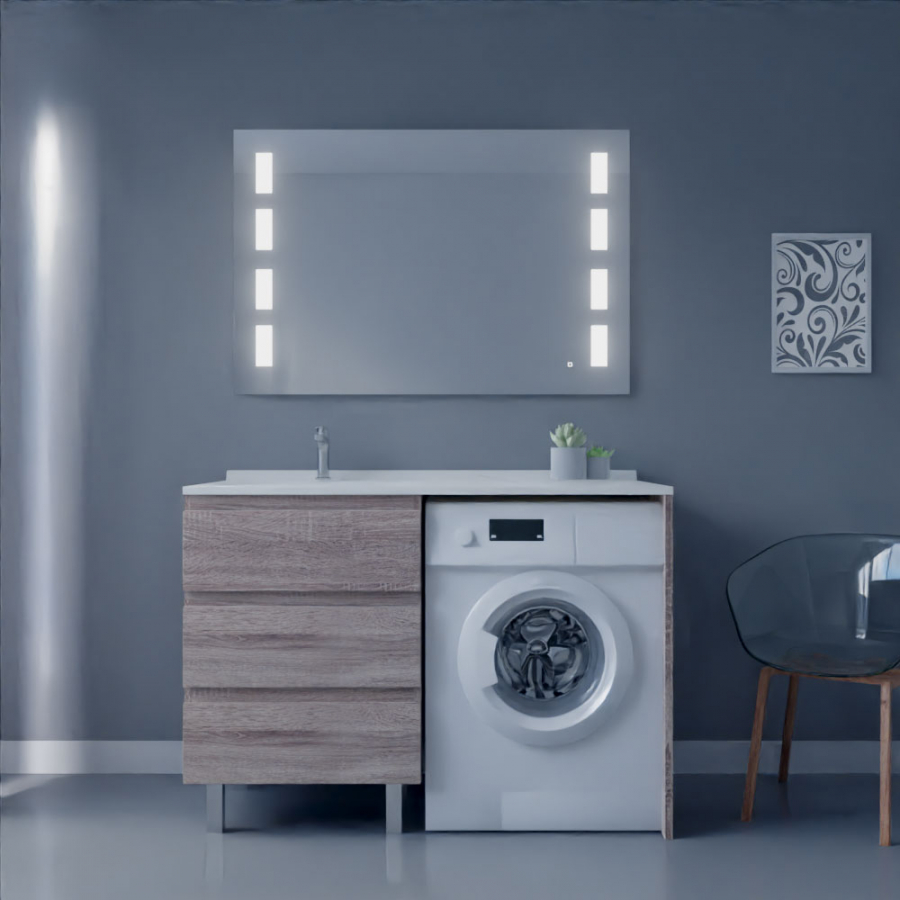 Ensemble meuble salle de bain spécial lave-linge KORA couleur bois avec miroir Prestige