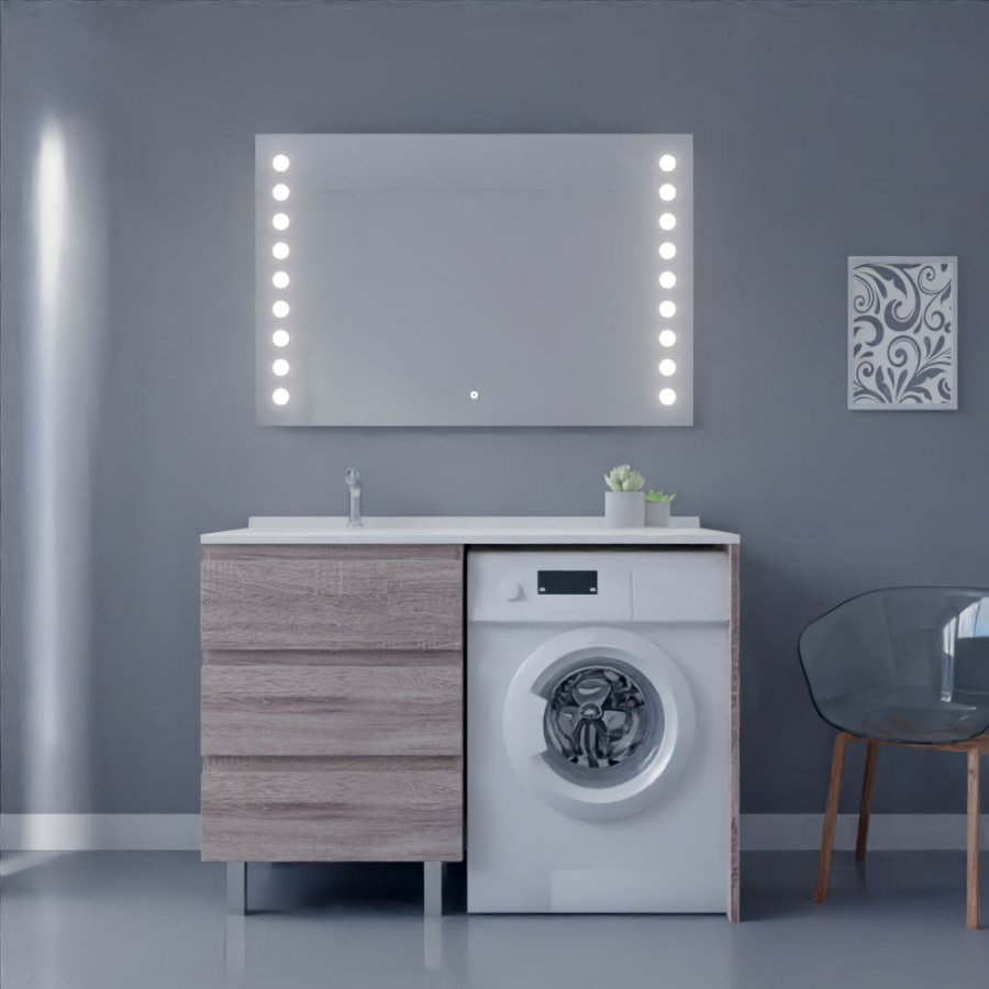 Ensemble meuble salle de bain spécial lave-linge KORA couleur bois avec miroir Starled