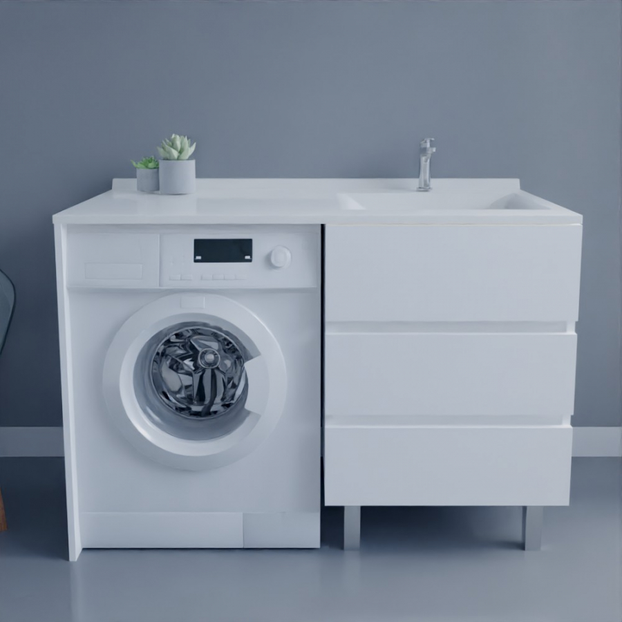 Ensemble meuble salle de bain spécial lave-linge KORA blanc avec plan vasque 124 cm x 65 cm de profondeur simple vasque déportée à droite 