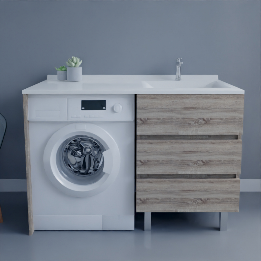 Ensemble meuble salle de bain spécial lave-linge KORA coloris bois avec plan vasque 124 cm x 65 cm de profondeur simple vasque déportée à droite