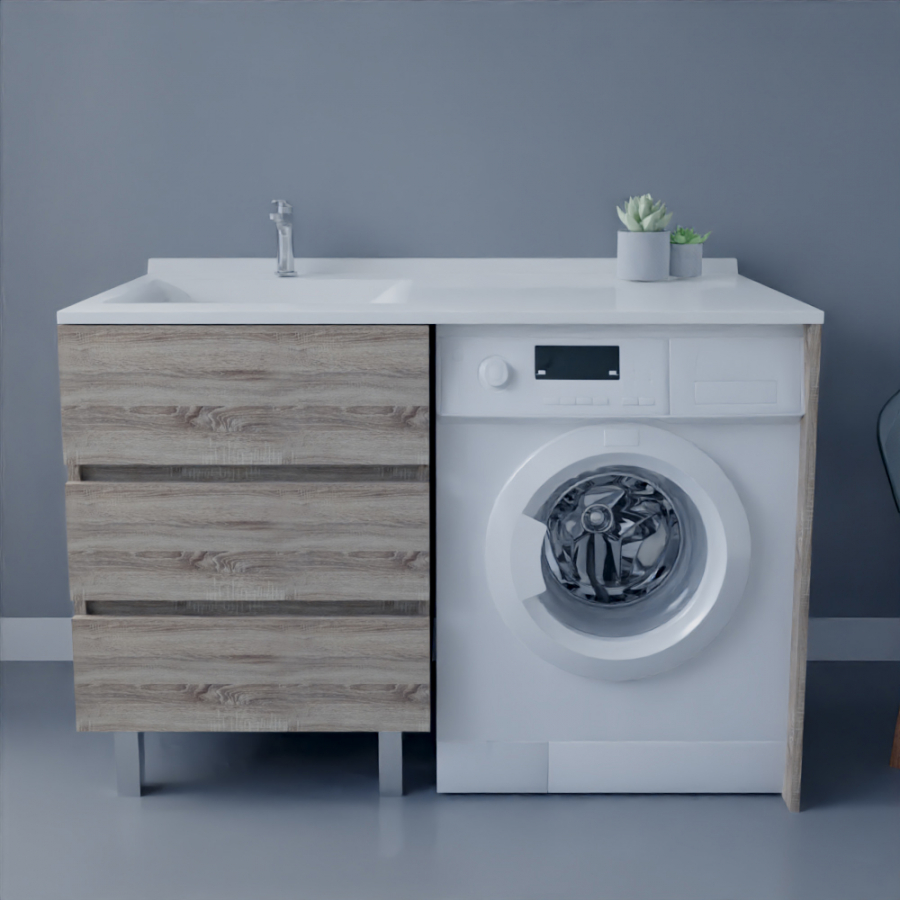 Ensemble meuble de salle de bain IDEA avec emplacement lave-linge plan  vasque déportée à gauche 124cm blanc - CUISIBANE - IDM00_124GBL_F