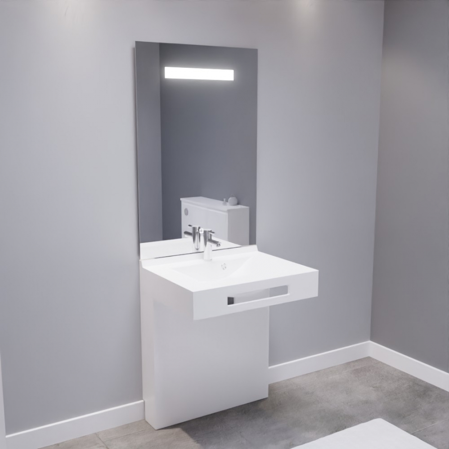 Ensemble de salle de bain adapté PMR collection LEA blanc brillant 70 cm de largeur composé d'un plan vasque suspendu avec support cache tuyaux blanc brillant et miroir LED
