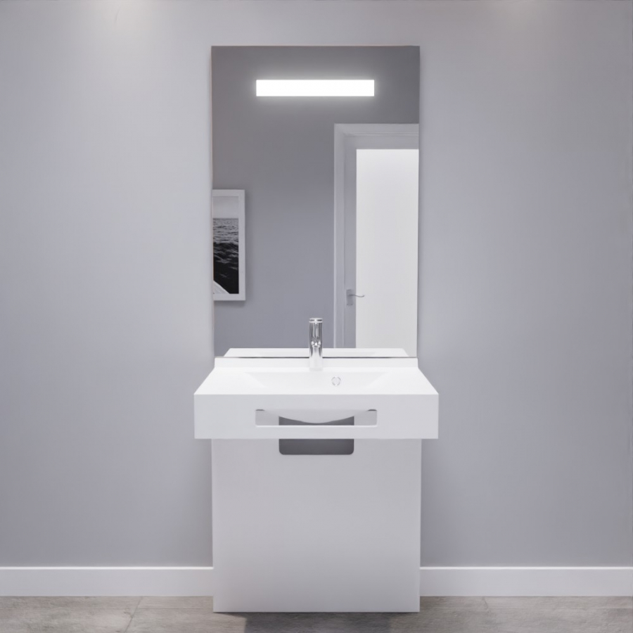 Ensemble de salle de bain adapté PMR collection LEA blanc brillant 70 cm de largeur composé d'un plan vasque suspendu avec support cache tuyaux blanc brillant et miroir LED