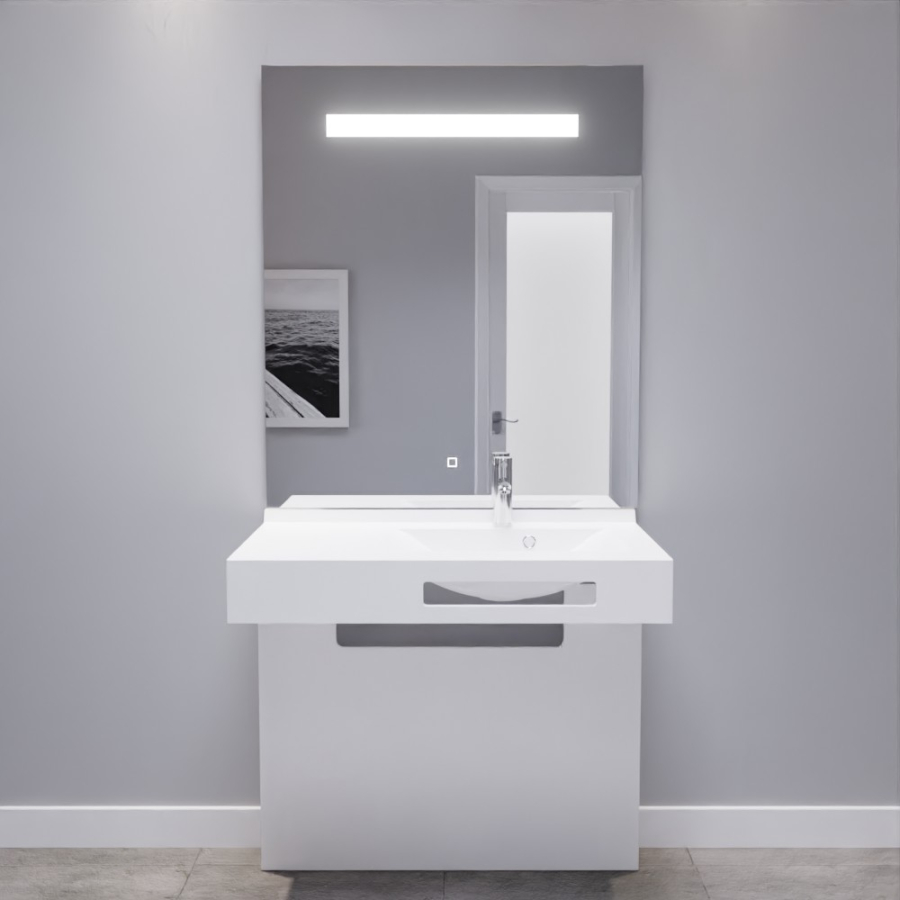 Ensemble de salle de bain adapté PMR collection LEA composé d'un plan vasque suspendu avec support cache tuyaux blanc brillant et miroir LED