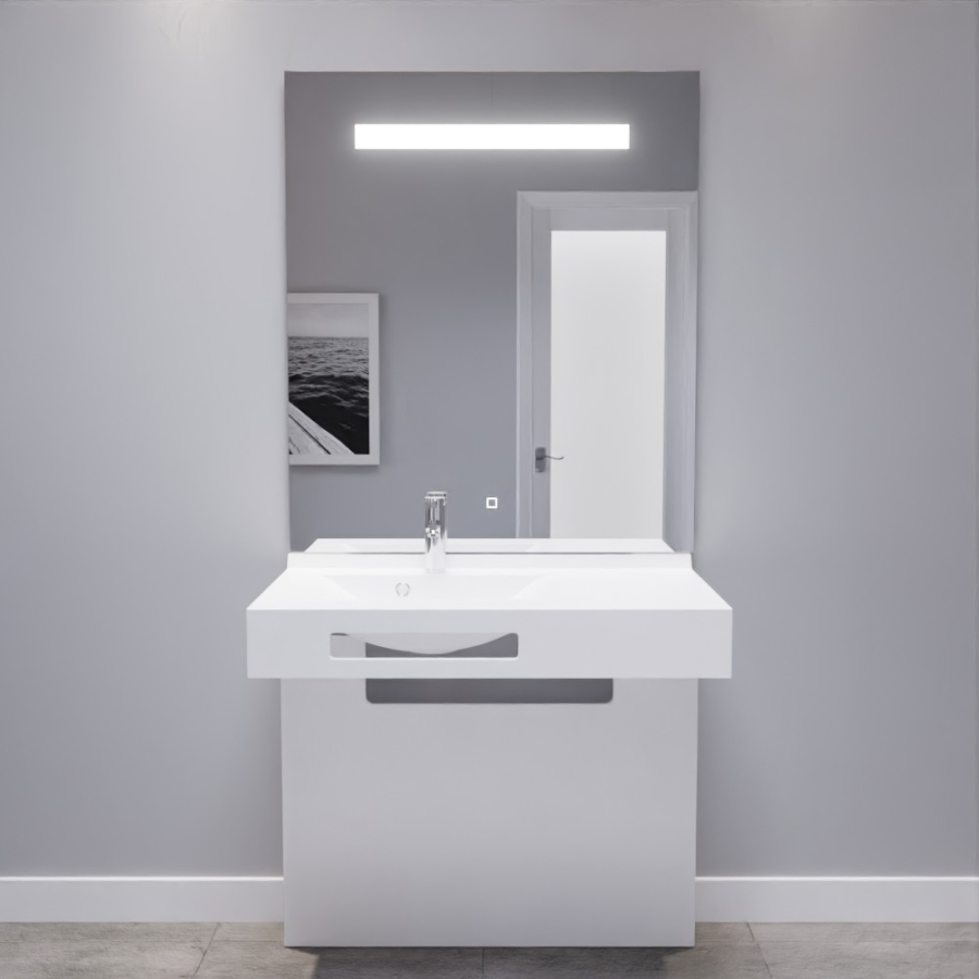 Ensemble de salle de bain adapté PMR collection LEA composé d'un plan vasque suspendu avec support cache tuyaux blanc brillant et miroir LED