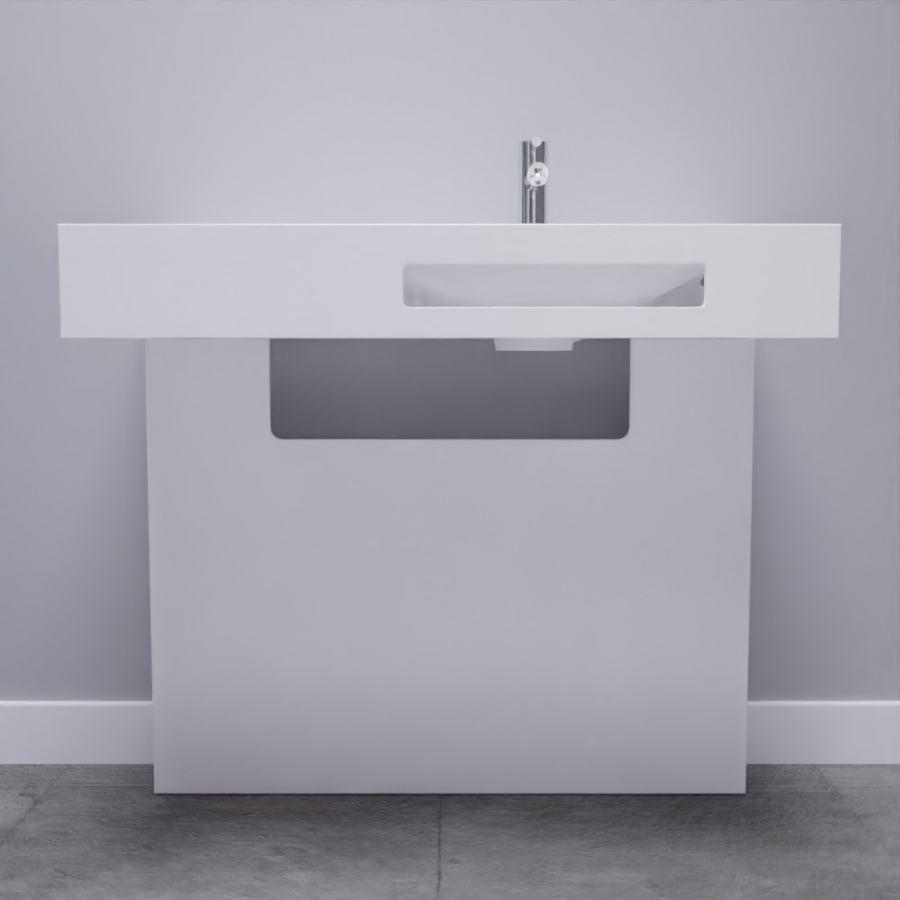 Ensemble de salle de bain adapté PMR collection LEA composé d'un support cache tuyaux blanc brillant et d'un plan vasque de 90 cm de largeur avec simple vasque à droite