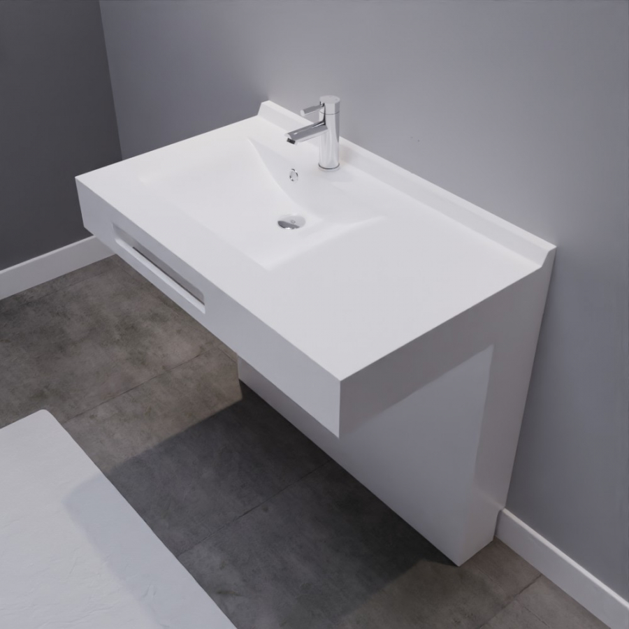 Ensemble de salle de bain adapté PMR collection LEA composé d'un support cache tuyaux blanc brillant et d'un plan vasque de 90 cm de largeur avec simple vasque à gauche