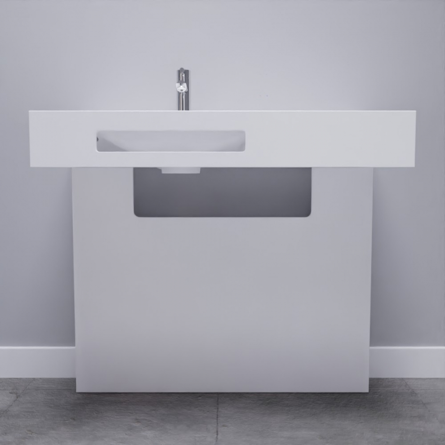 Ensemble de salle de bain adapté PMR collection LEA composé d'un support cache tuyaux blanc brillant et d'un plan vasque de 90 cm de largeur avec simple vasque à gauche