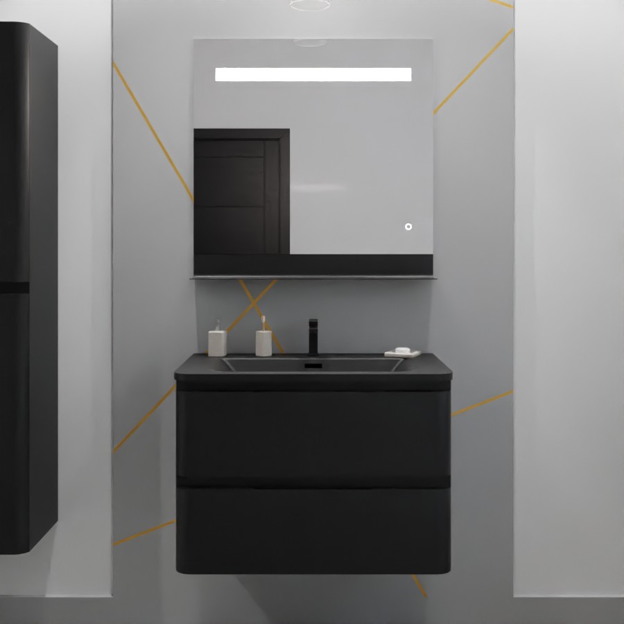 Meuble salle de bain 80 cm noir mat avec simple plan vasque en résine noir mat et miroir lumineux avec tablette de rangement noire