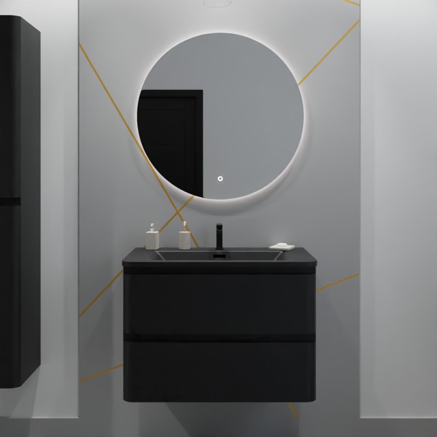 Meuble salle de bain 80 cm noir mat avec simple plan vasque en résine noir mat et miroir lumineux rond 80 cm