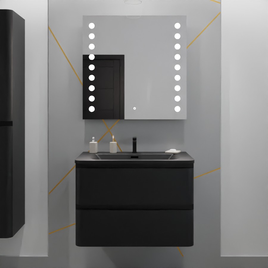 Meuble salle de bain 80 cm noir mat avec simple plan vasque en résine noir mat et miroir LED antibuée Starled 80 cm