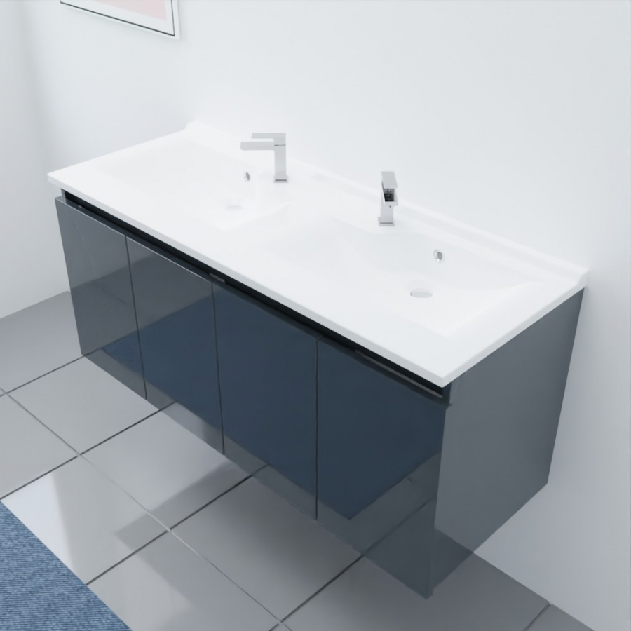 Ensemble meuble salle de bain 120 cm PROLINE gris anthracite avec plan double vasque en résine vue dessus