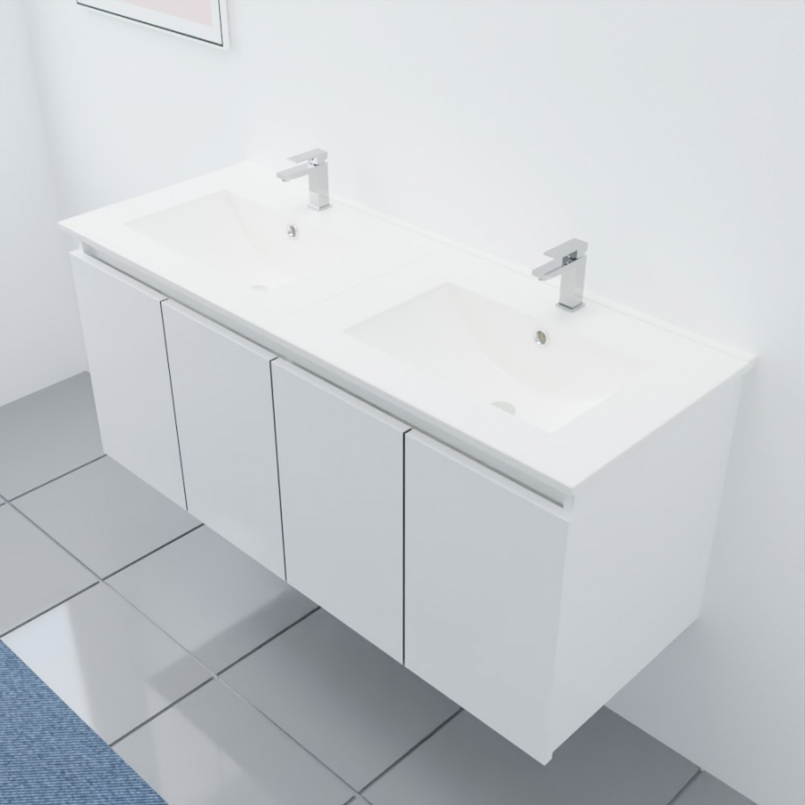 Ensemble meuble salle de bain 120 cm PROLINE blanc avec plan double vasque en céramique vue dessus