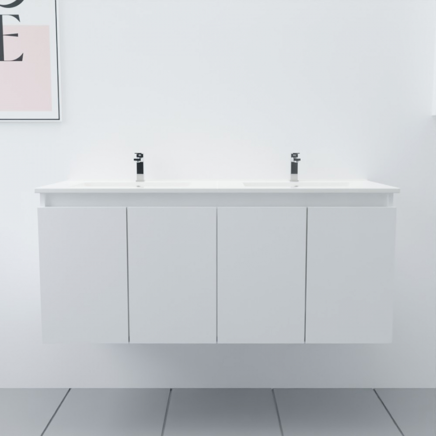 Ensemble meuble salle de bain 120 cm PROLINE blanc avec plan double vasque en céramique