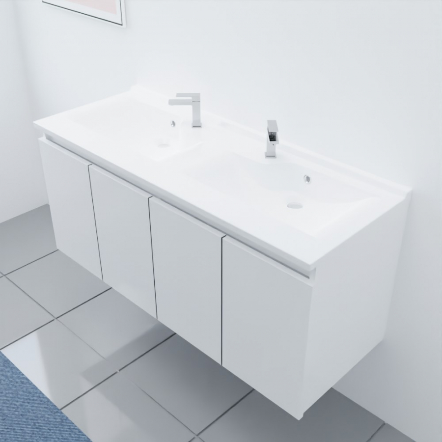 Ensemble meuble salle de bain 120 cm PROLINE blanc avec plan double vasque en résine vue dessus