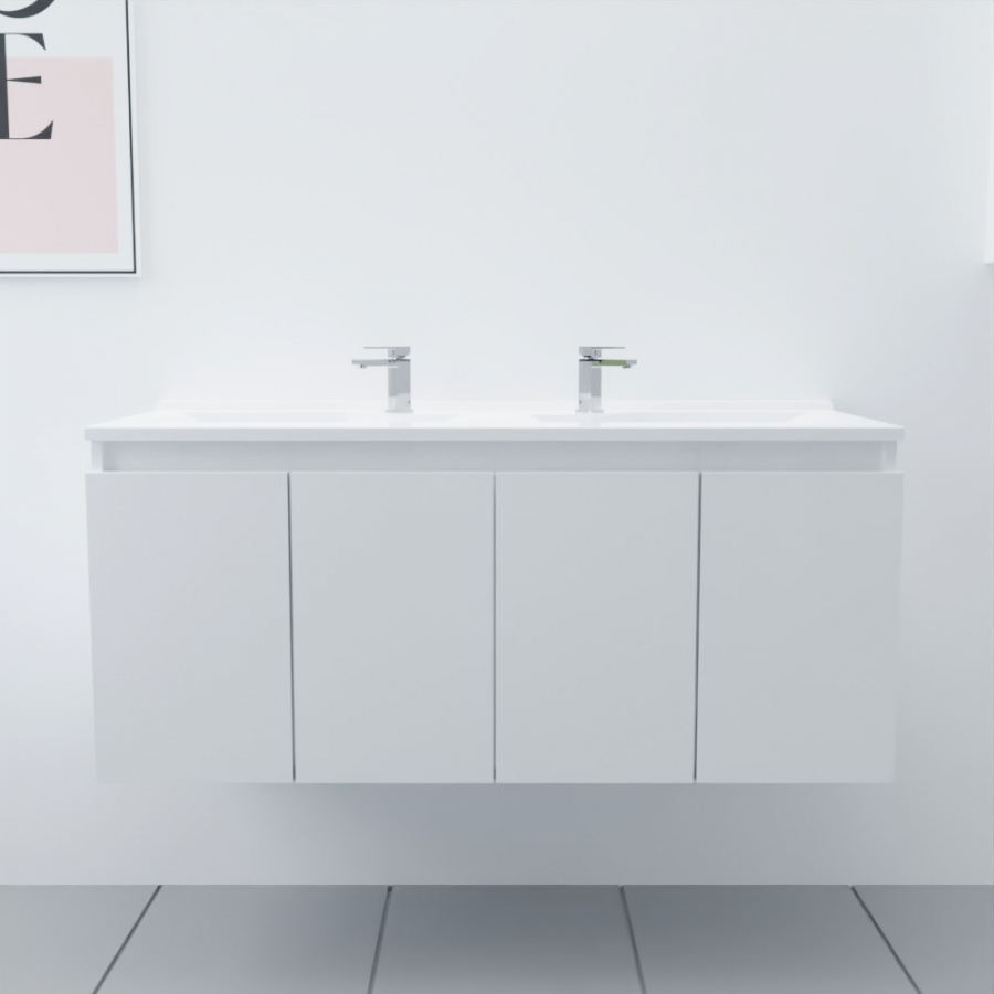 Ensemble meuble salle de bain 120 cm PROLINE blanc avec plan double vasque en résine