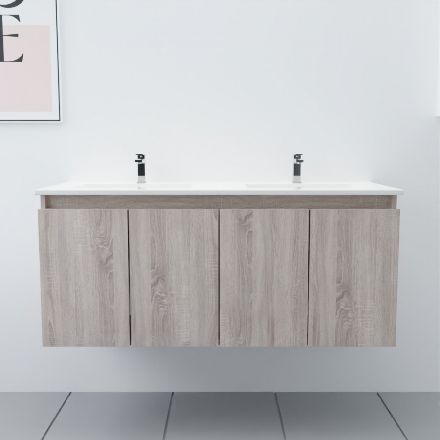 Ensemble meuble salle de bain 120 cm PROLINE coloris bois avec plan double vasque en céramique