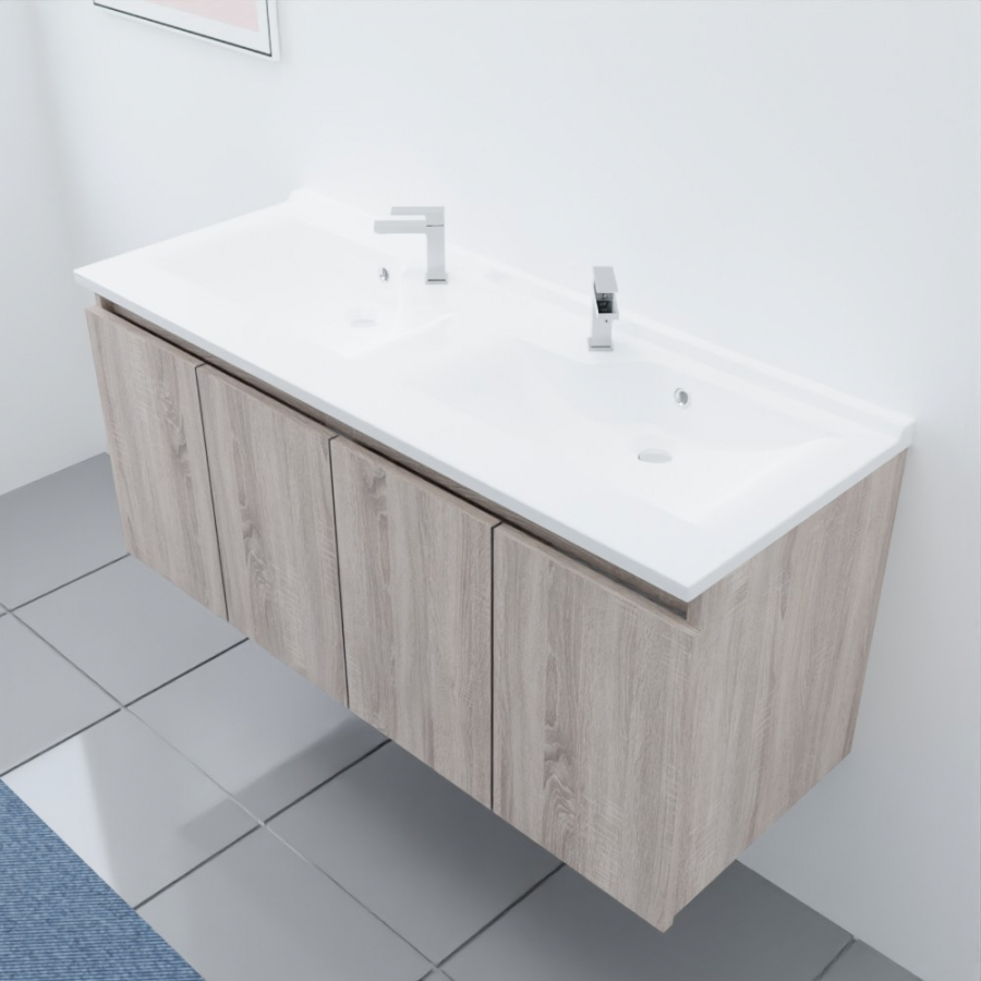 Ensemble meuble salle de bain 120 cm PROLINE coloris bois avec plan double vasque en résine vue dessus