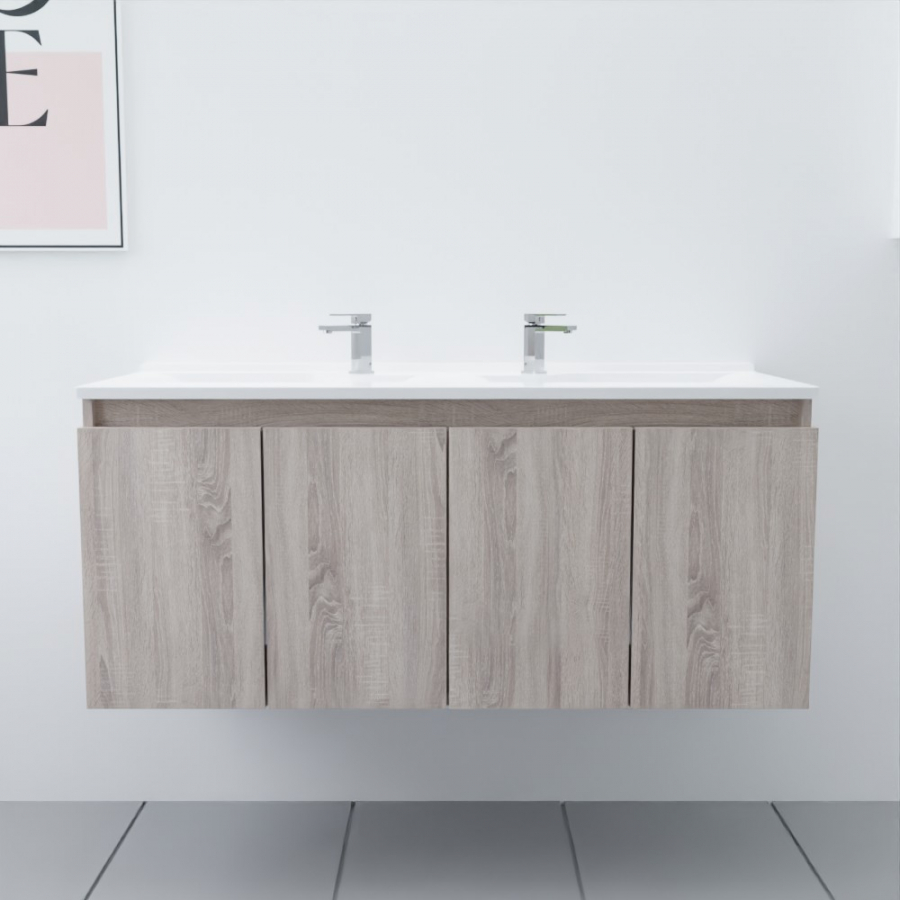 Ensemble meuble salle de bain 120 cm PROLINE coloris bois avec plan double vasque en résine