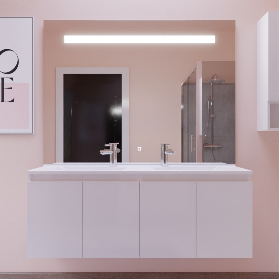 Ensemble meuble double vasque 140 cm PROLINE blanc avec miroir LED Elegance grande hauteur