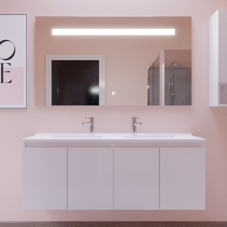Ensemble meuble double vasque 140 cm PROLINE blanc avec miroir LED Elegance