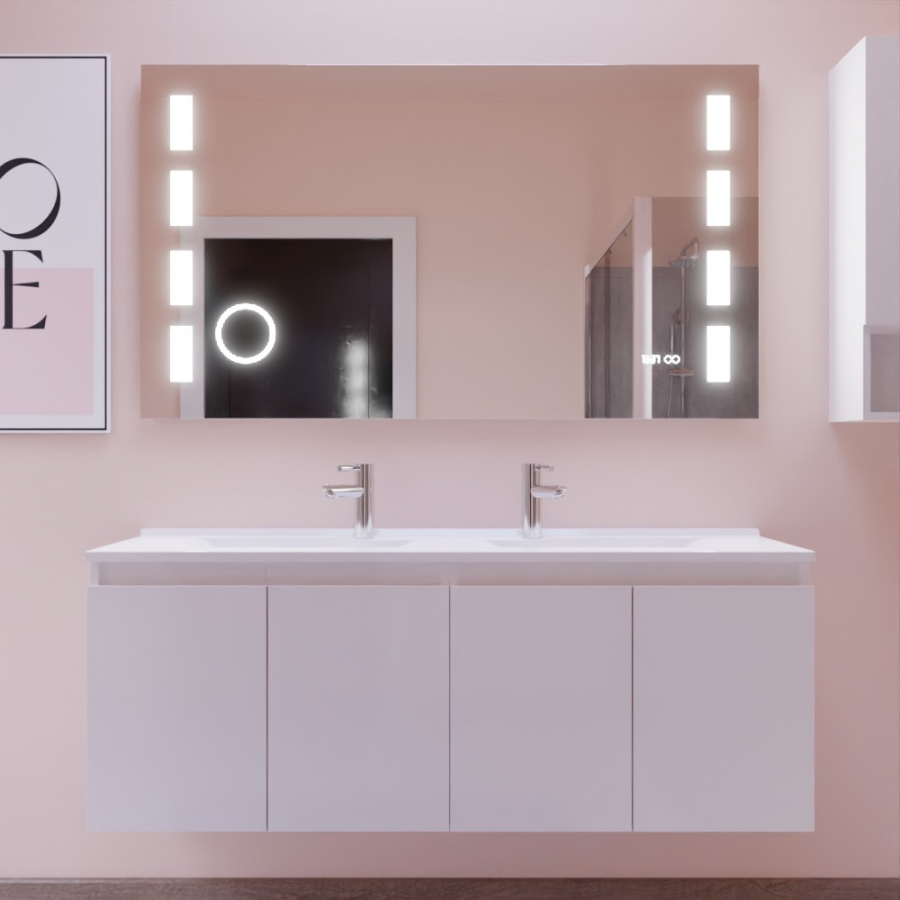 Ensemble meuble double vasque 140 cm PROLINE blanc avec miroir LED Excellence