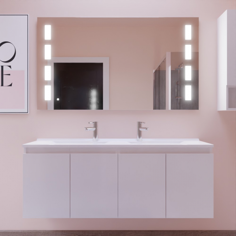 Ensemble meuble double vasque 140 cm PROLINE blanc avec miroir LED Prestige