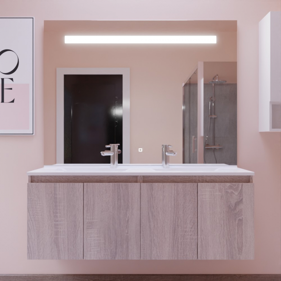Ensemble meuble double vasque 140 cm PROLINE coloris bois avec miroir LED Elegance grande hauteur