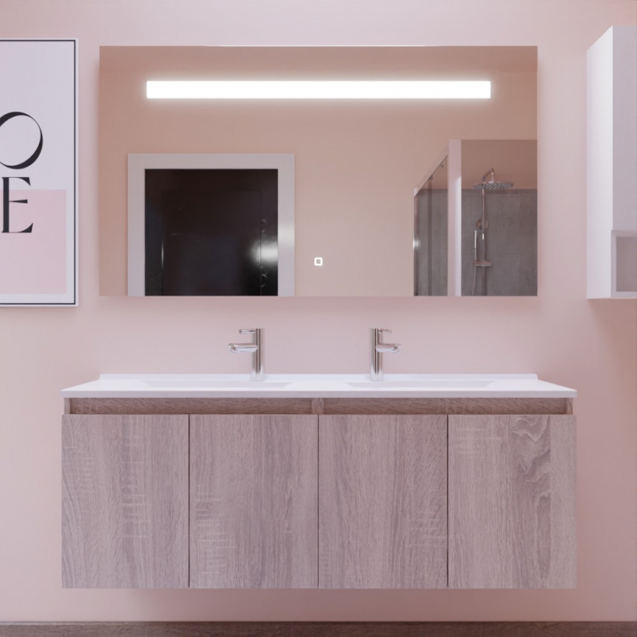 Ensemble meuble double vasque 140 cm PROLINE coloris bois avec miroir LED Elegance