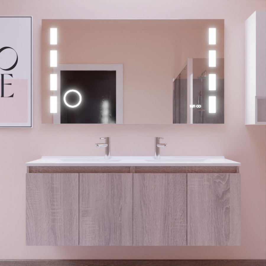 Ensemble meuble double vasque 140 cm PROLINE coloris bois avec miroir LED Elxcellence