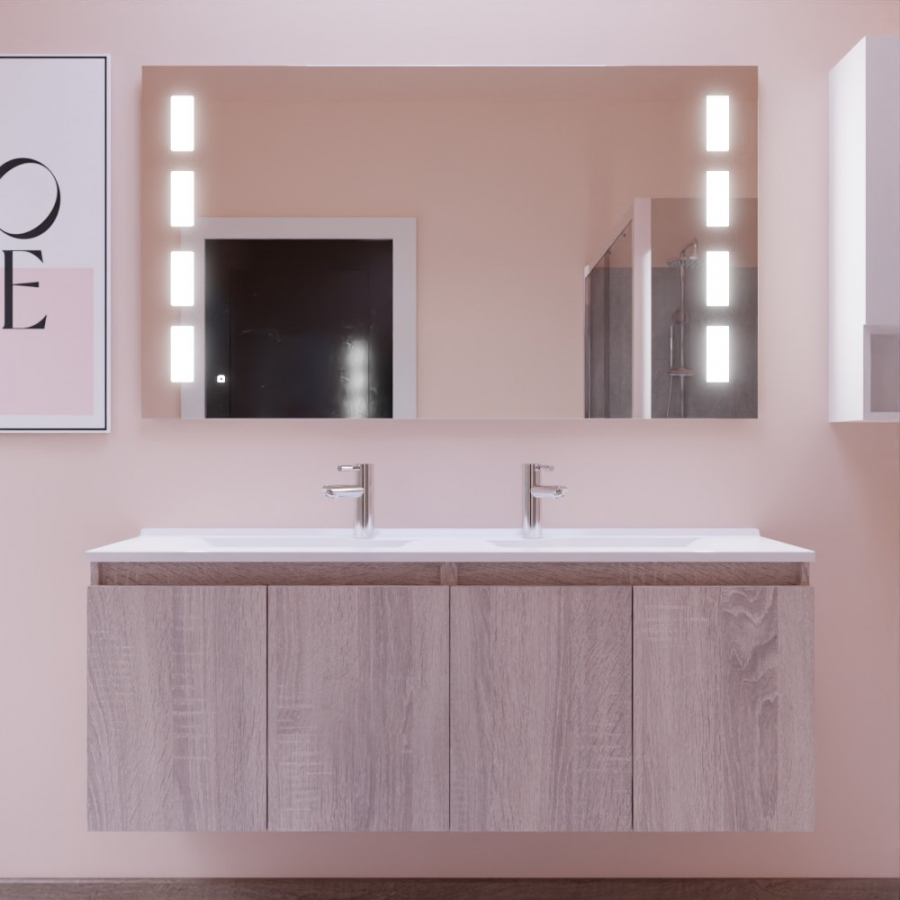 Ensemble meuble double vasque 140 cm PROLINE coloris bois avec miroir LED Prestige