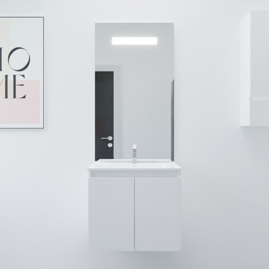 Ensemble meuble salle de bain Proline 60 cm avec plan simple vasque en céramique et miroir LED élégance 60 cm x 105 cm