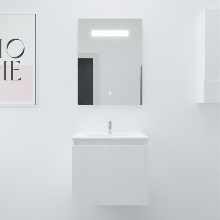 Ensemble meuble salle de bain Proline 60 cm avec plan simple vasque en céramique et miroir LED élégance 60 cm x 80 cm