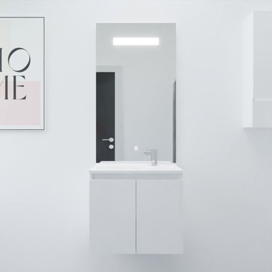 Ensemble meuble salle de bain Proline 60 cm avec plan simple vasque en résine et miroir LED élégance 60 cm x 105 cm