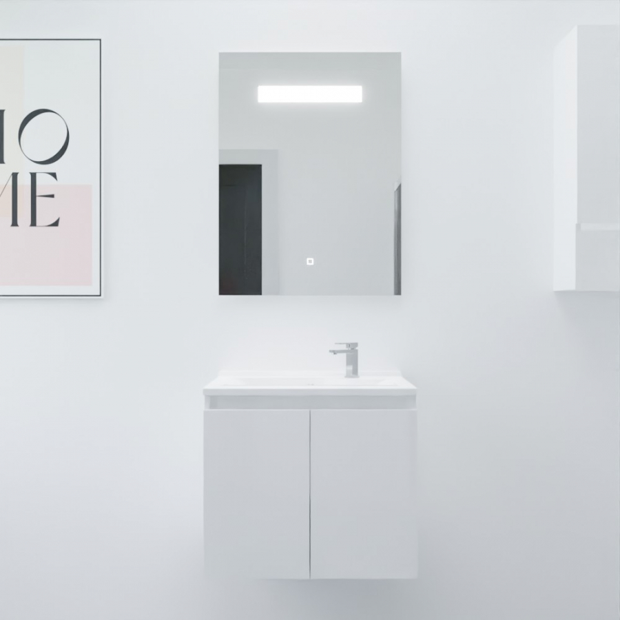 Ensemble meuble salle de bain Proline 60 cm avec plan simple vasque en résine et miroir LED élégance 60 cm x 80 cm