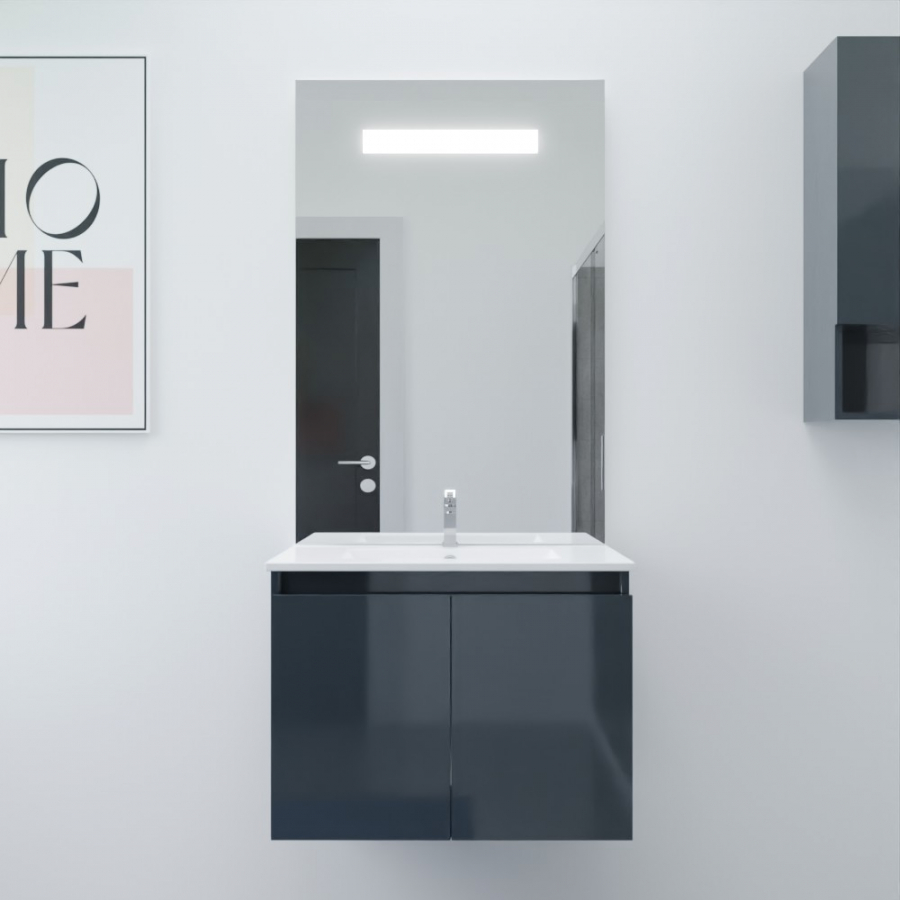 Ensemble salle de bain Proline 70 cm avec meuble gris anthracite plan vasque 70 cm x 46 cm en céramique et miroir avec bandeau LED intégré élégance grande hauteur