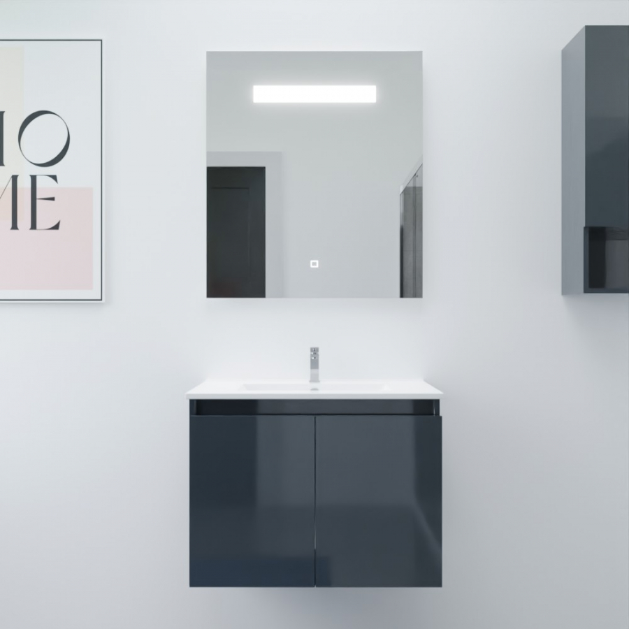 Ensemble salle de bain Proline 70 cm avec meuble gris anthracite plan vasque 70 cm x 46 cm en céramique et miroir avec bandeau LED intégré élegance 