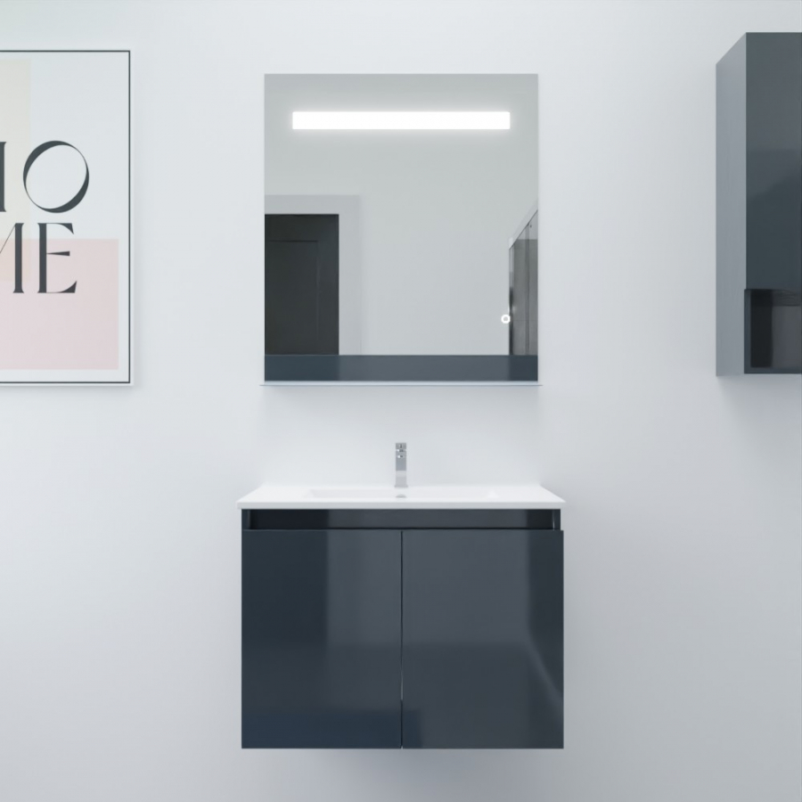 Ensemble salle de bain Proline 70 cm avec meuble gris anthracite plan vasque 70 cm x 46 cm en céramique et miroir avec bandeau LED et tablette de rangement Etal