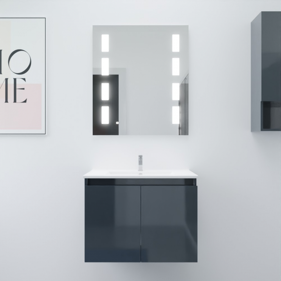 Ensemble salle de bain Proline 70 cm avec meuble gris anthracite plan vasque 70 cm x 46 cm en céramique et miroir rétroéclairé prestige