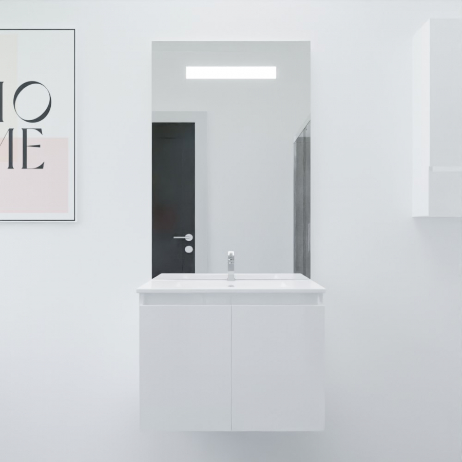 Ensemble salle de bain Proline 70 cm avec meuble blanc plan vasque 70 cm x 46 cm en céramique et miroir avec bandeau LED intégré élégance grande hauteur