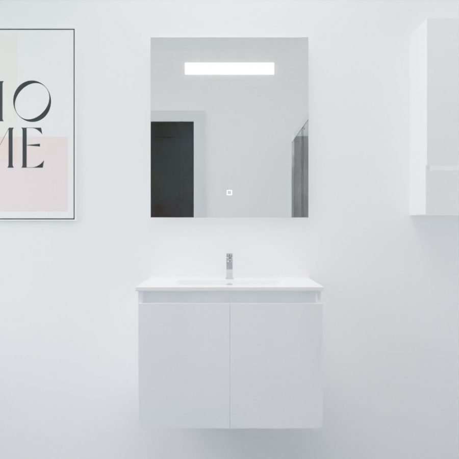 Ensemble salle de bain Proline 70 cm avec meuble blanc plan vasque 70 cm x 46 cm en céramique et miroir avec bandeau LED intégré élegance 