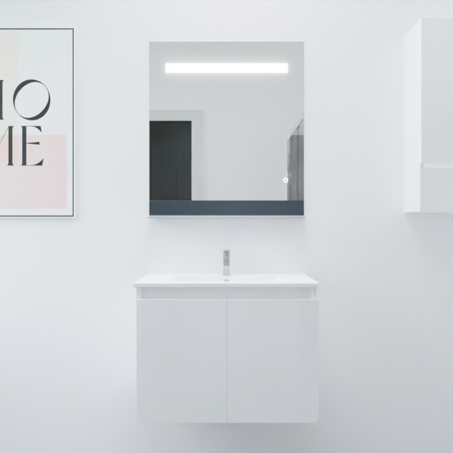 Ensemble salle de bain Proline 70 cm avec meuble blanc plan vasque 70 cm x 46 cm en céramique et miroir avec bandeau LED et tablette de rangement Etal