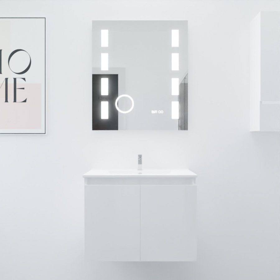 Ensemble salle de bain Proline 70 cm avec meuble blanc plan vasque 70 cm x 46 cm en céramique et miroir rétroéclairé excellence