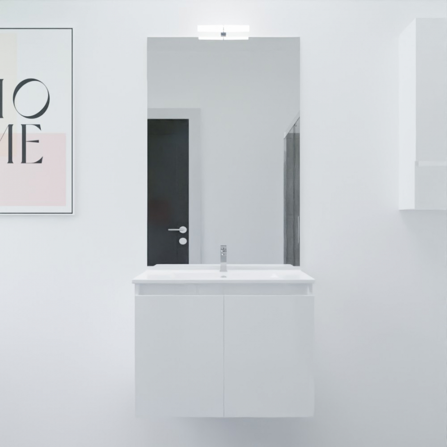 Ensemble salle de bain Proline 70 cm avec meuble blanc plan vasque 70 cm x 46 cm en céramique et miroir avec applique Mircoline