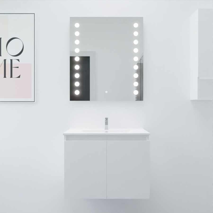Ensemble salle de bain Proline 70 cm avec meuble blanc plan vasque 70 cm x 46 cm en céramique et miroir rétroéclairé starled