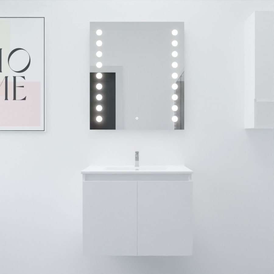 Ensemble salle de bain Proline 70 cm avec meuble blanc plan vasque 70 cm x 46 cm en céramique et miroir rétroéclairé starled
