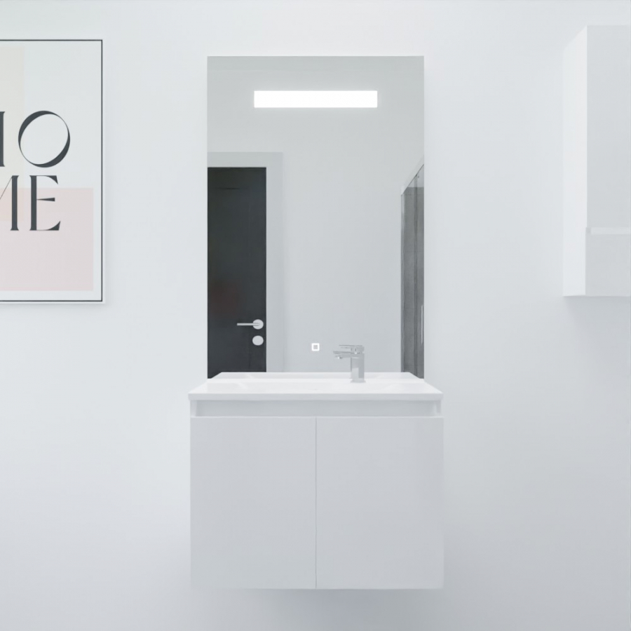Ensemble salle de bain Proline 70 cm avec meuble blanc plan vasque 70 cm x 46 cm en résine et miroir avec bandeau LED intégré élégance grande hauteur