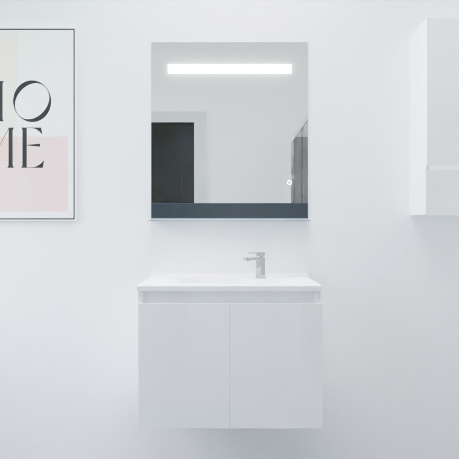 Ensemble salle de bain Proline 70 cm avec meuble blanc plan vasque 70 cm x 46 cm en résine et miroir avec bandeau LED et tablette de rangement Etal